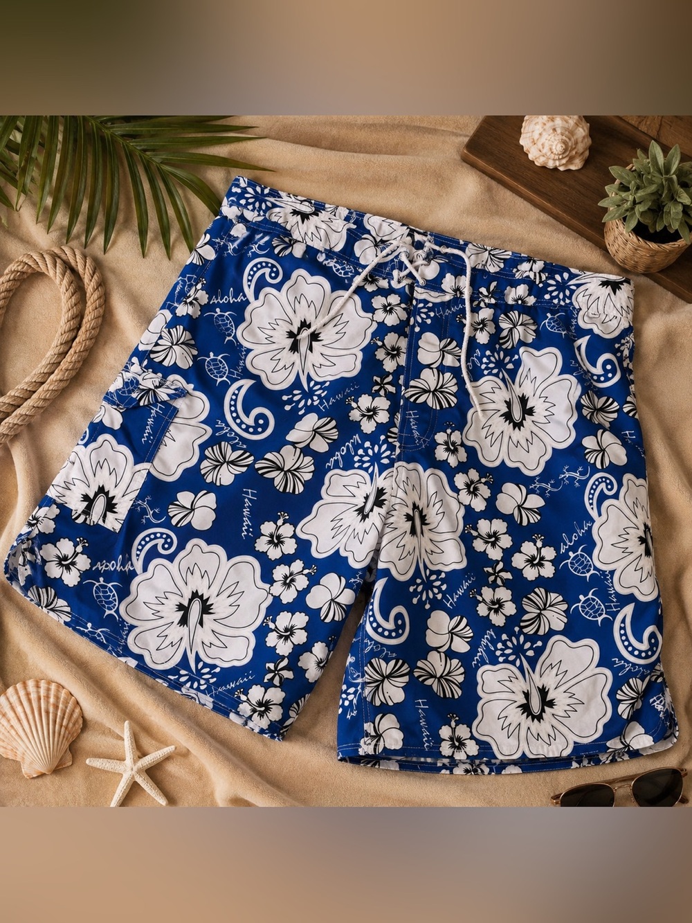 Y2K M.V. Fashion Hawaiian Board Shorts Mens 44 Blue Floral Aloha Swim Trunks